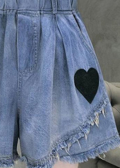 Blue Elastic Waist Love Patchwork Shorts Jeans Summer