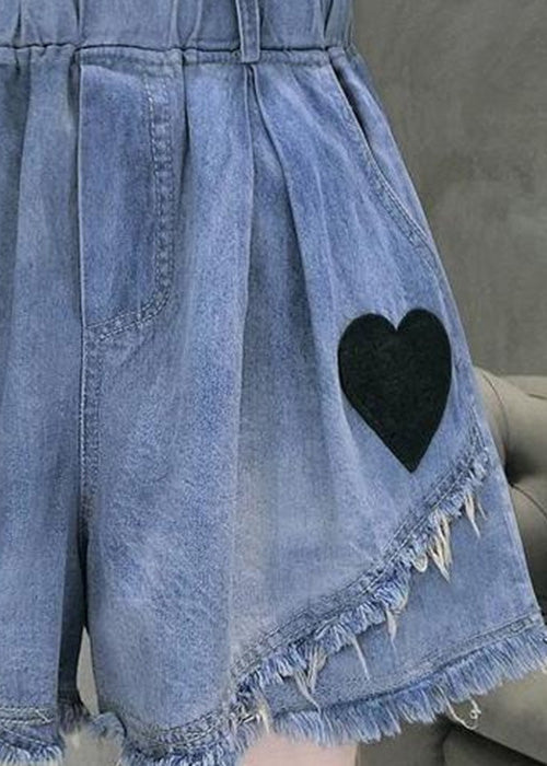 Blue Elastic Waist Love Patchwork Shorts Jeans Summer