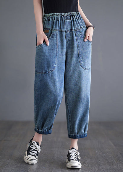 Blue Elastic Waist Pockets Denim Harem Pants Summer