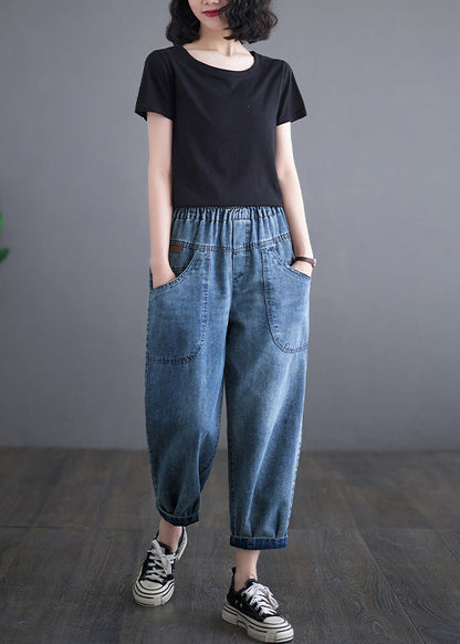 Blue Elastic Waist Pockets Denim Harem Pants Summer