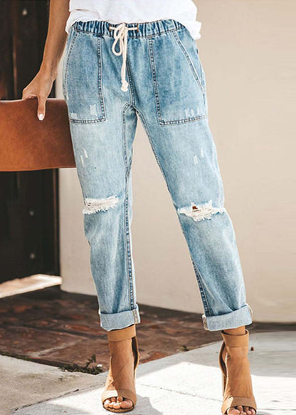 Blue Elastic Waist Ripped Denim Harem Pants Summer