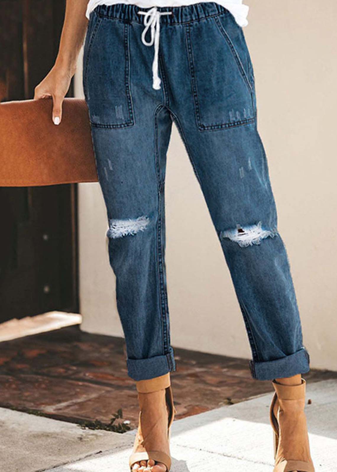 Blue Elastic Waist Ripped Denim Harem Pants Summer