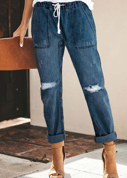 Blue Elastic Waist Ripped Denim Harem Pants Summer
