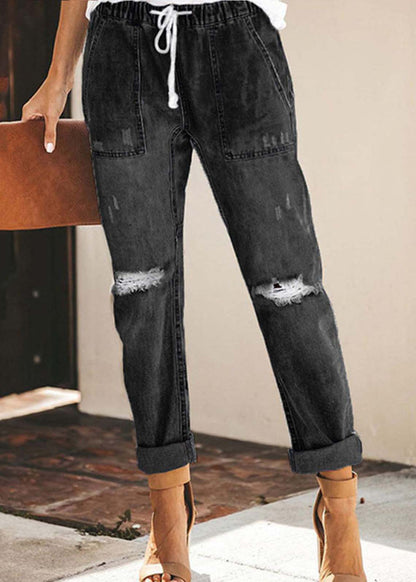 Blue Elastic Waist Ripped Denim Harem Pants Summer