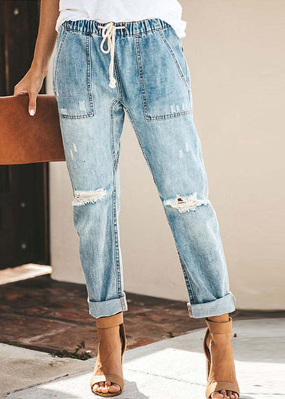 Blue Elastic Waist Ripped Denim Harem Pants Summer