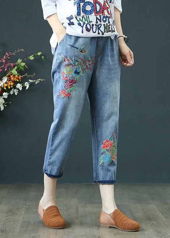 Blue Embroidered Denim Ripped Pants Summer