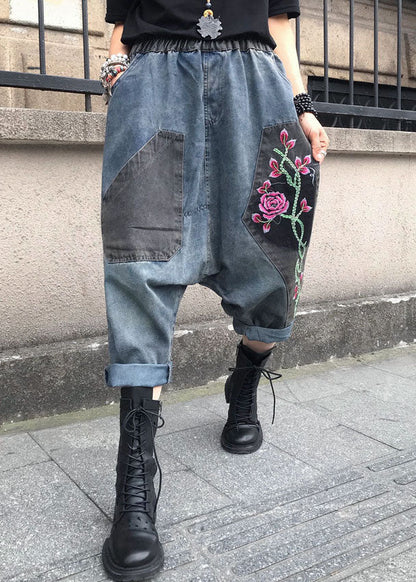 Blue Embroidered Elastic Waist Denim Pants Summer