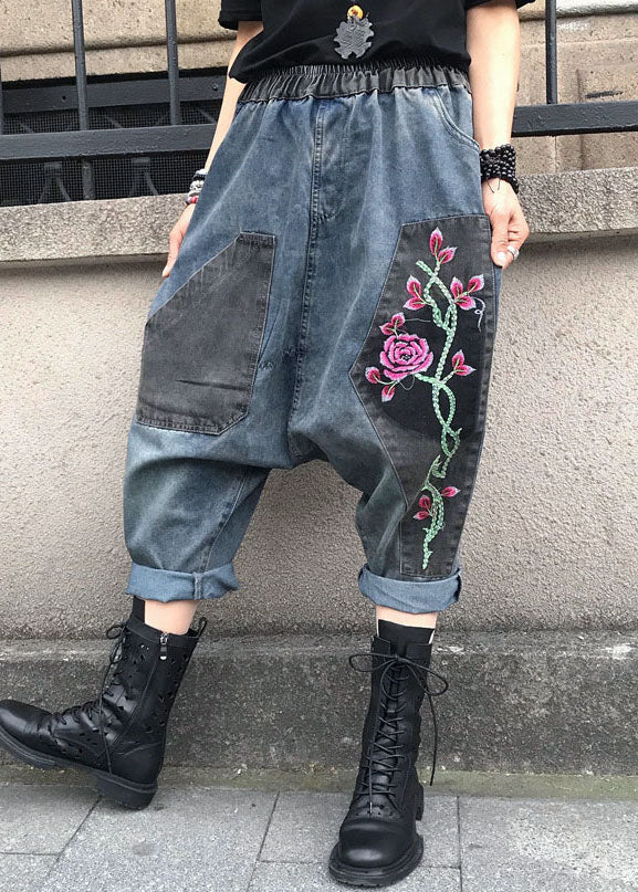 Blue Embroidered Elastic Waist Denim Pants Summer