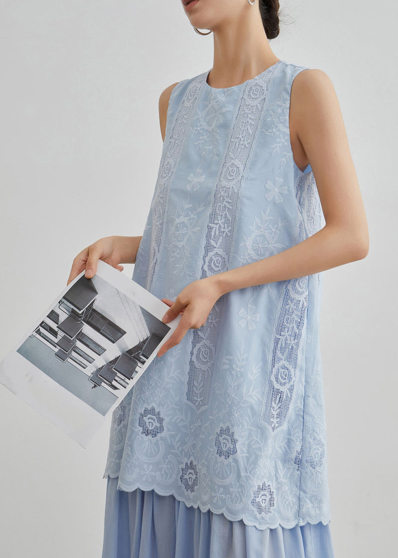 Blue Embroidered Hollow Out Fake Two Pieces Long Dresses Sleeveless