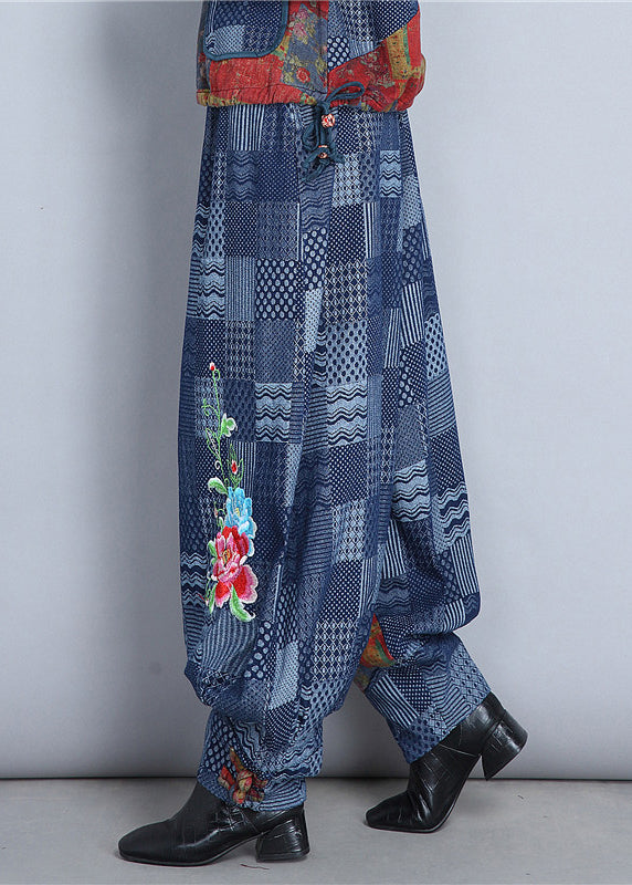 Blue Embroidered Pockets Patchwork Cotton Pants Spring