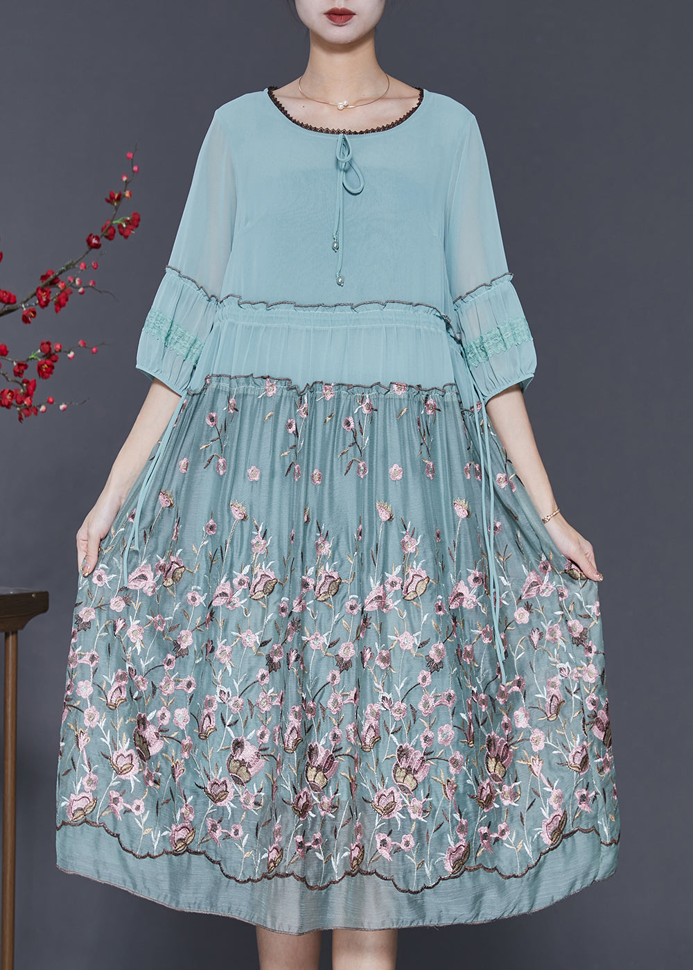 Blue Embroidered Ruffled Silk Dress Half Sleeve