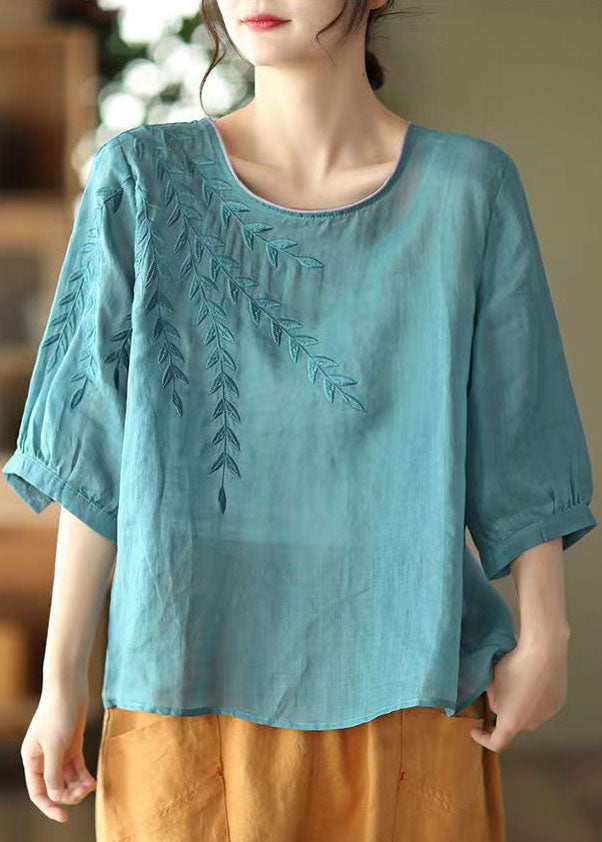 Blue Embroideried Patchwork Cotton T Shirt Half Sleever