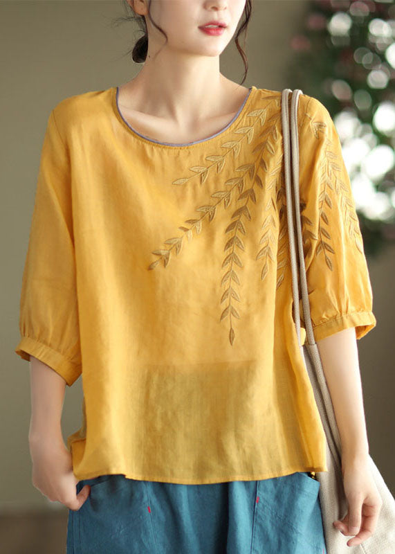 Blue Embroideried Patchwork Cotton T Shirt Half Sleever