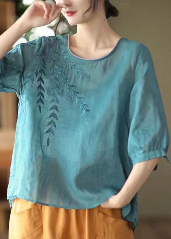 Blue Embroideried Patchwork Cotton T Shirt Half Sleever
