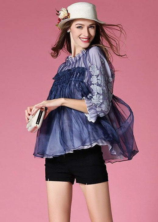 Blue Embroideried Wrinkled Organza Blouses Half Sleeve