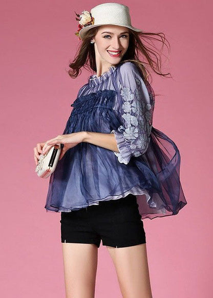 Blue Embroideried Wrinkled Organza Blouses Half Sleeve