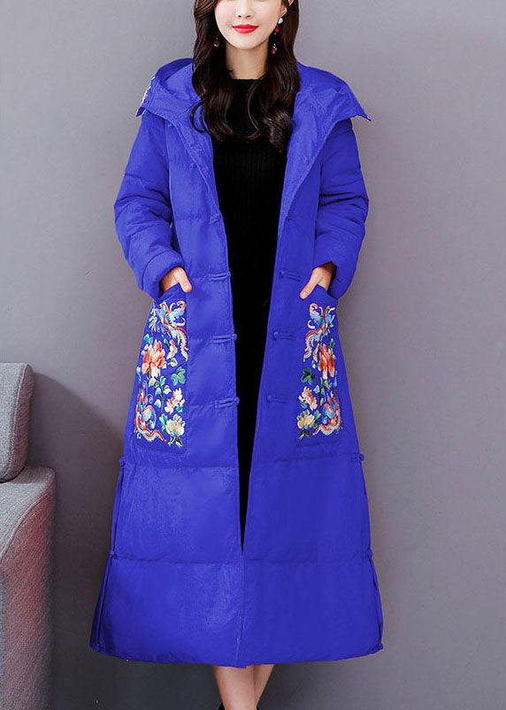 Blue Embroideried Hooded Fine Cotton Filled Parkas Winter