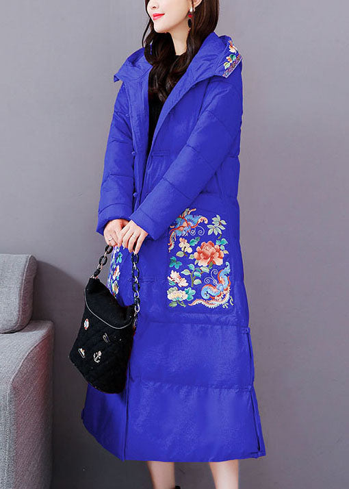 Blue Embroideried Hooded Fine Cotton Filled Parkas Winter