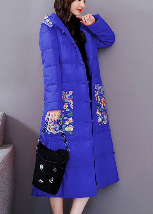 Blue Embroideried Hooded Fine Cotton Filled Parkas Winter