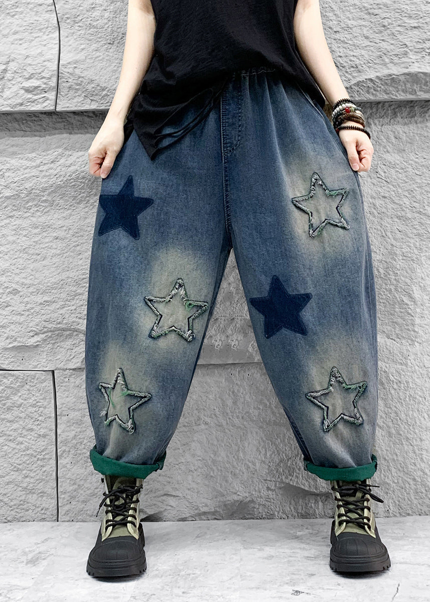 Blue Five Pointed Star Patch Elastic Waist Denim Harlan Pants Spring