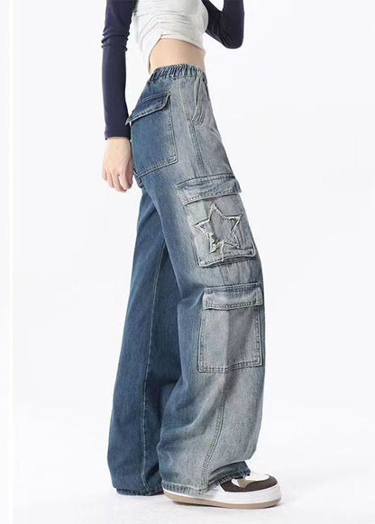 Blue Gradient Pockets Drawstring Elastic Waist Denim Pants Spring