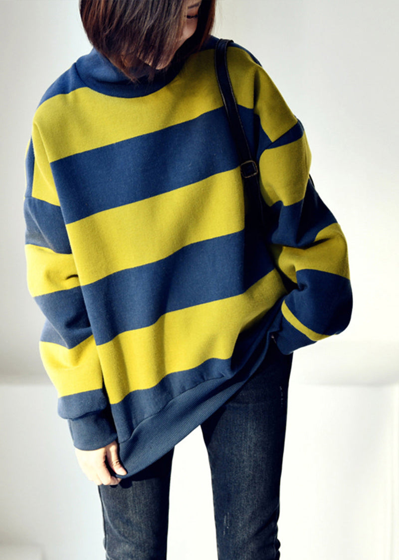 Blue Green Colour Turtleneck Striped Patchwork Warm Fleece Sweatshirt Fall