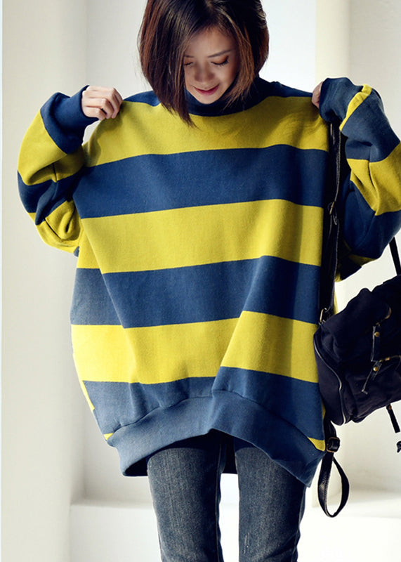 Blue Green Colour Turtleneck Striped Patchwork Warm Fleece Sweatshirt Fall