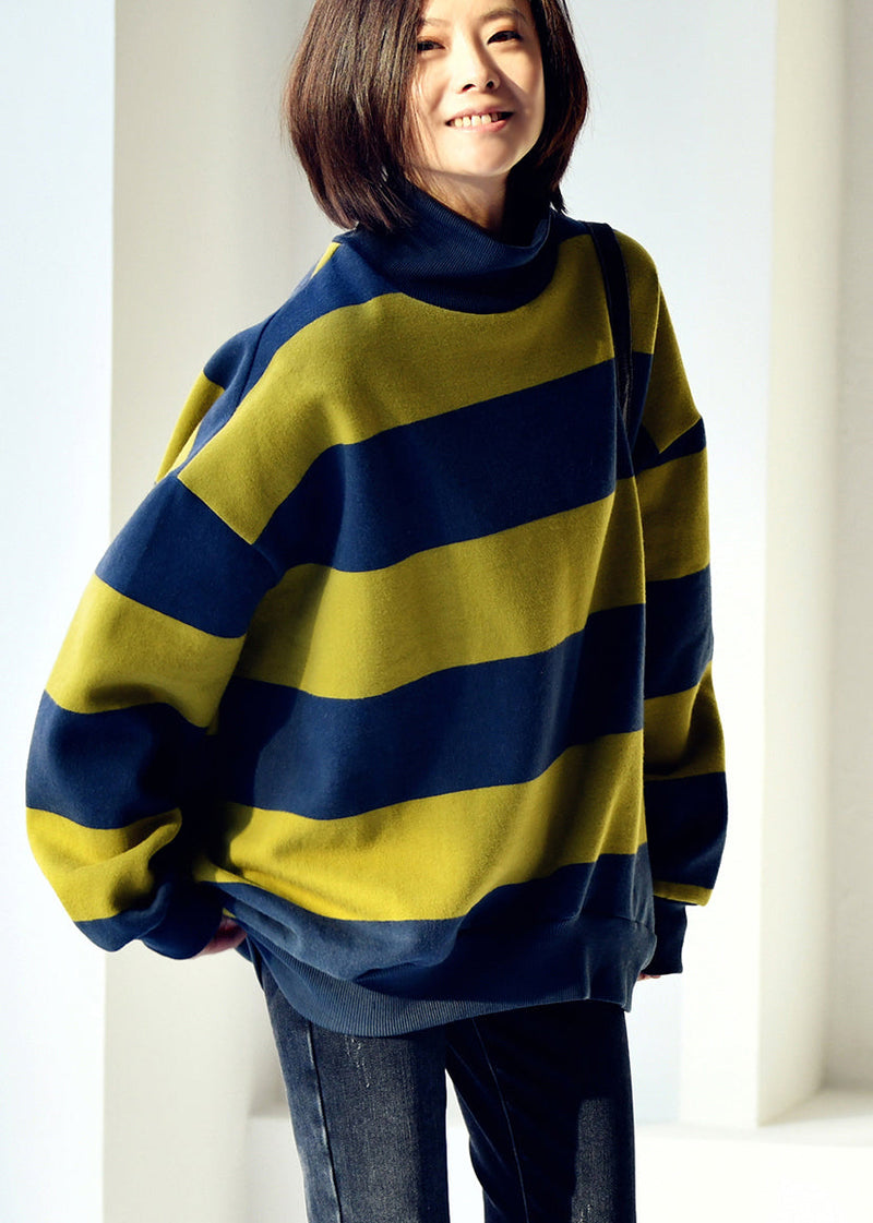 Blue Green Colour Turtleneck Striped Patchwork Warm Fleece Sweatshirt Fall