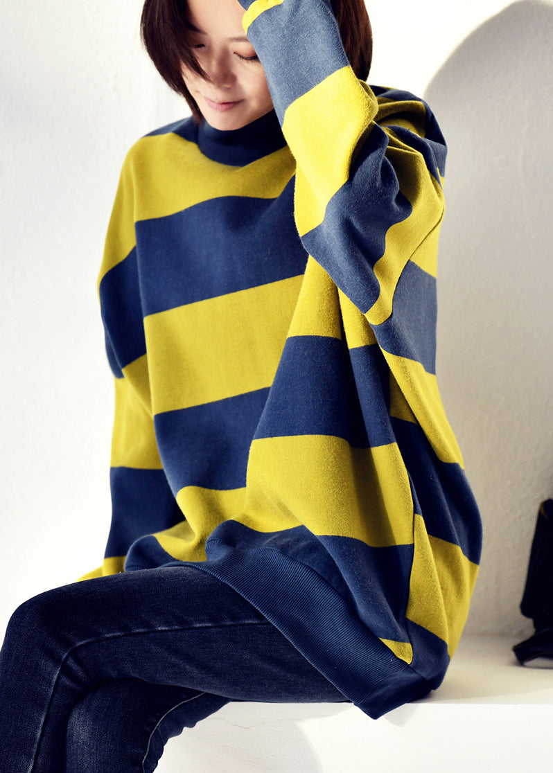 Blue Green Colour Turtleneck Striped Patchwork Warm Fleece Sweatshirt Fall