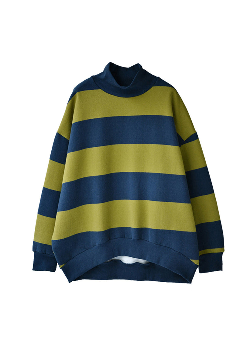 Blue Green Colour Turtleneck Striped Patchwork Warm Fleece Sweatshirt Fall