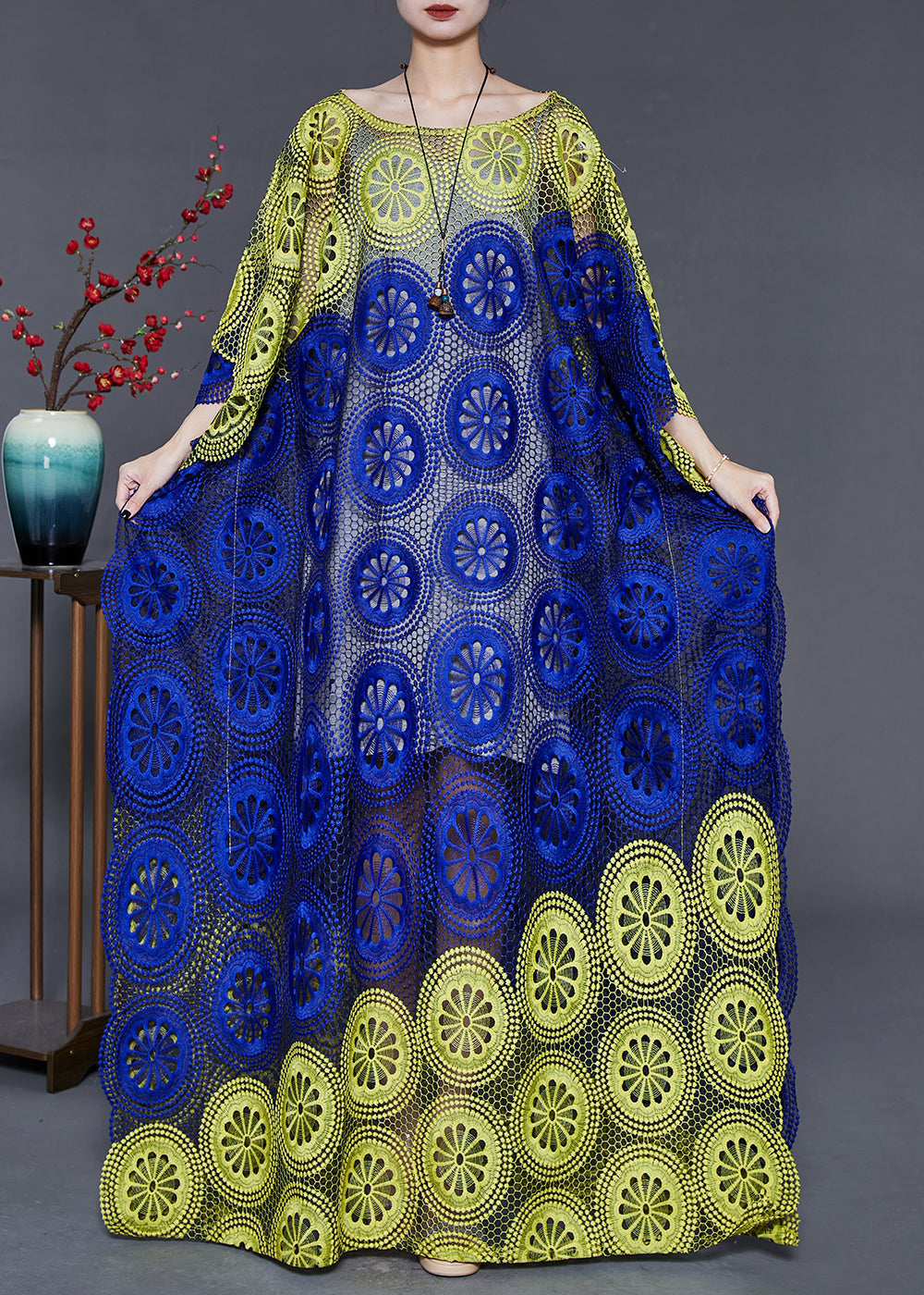 Blue Green Oversized Hollow Out Lace Dress Summer
