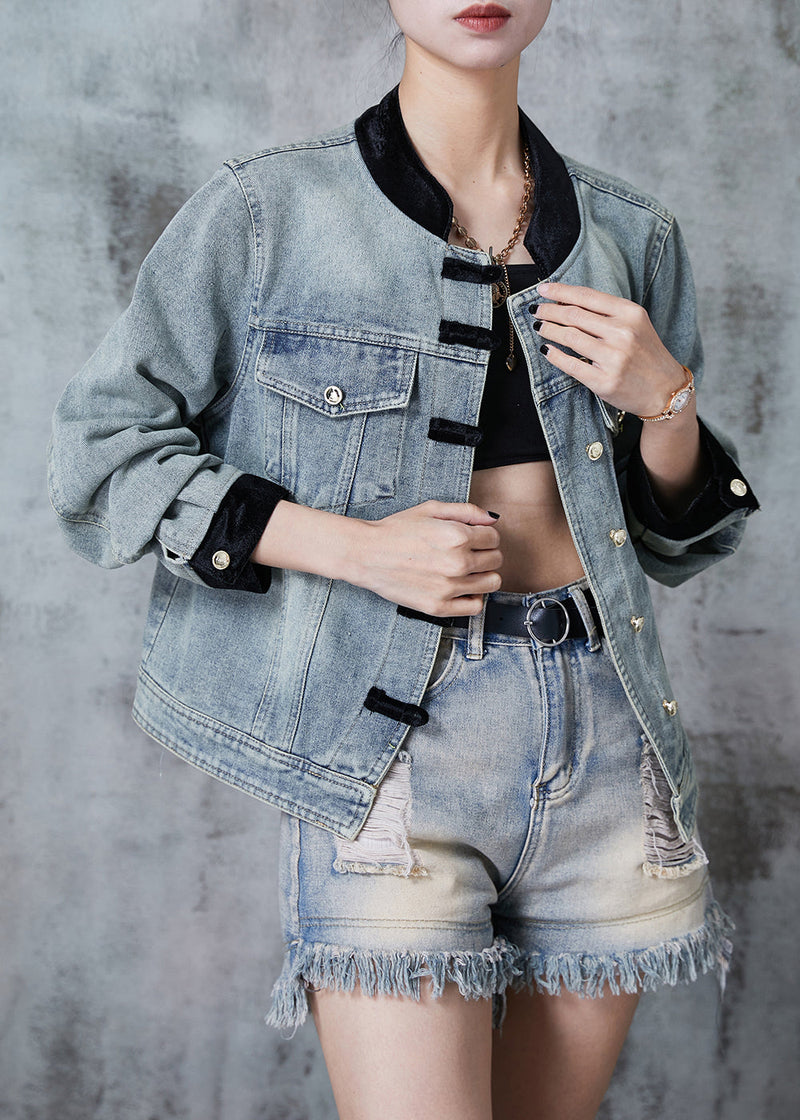 Blue Grey Mandarin Collar Patchwork Chinese Button Denim Coat Fall