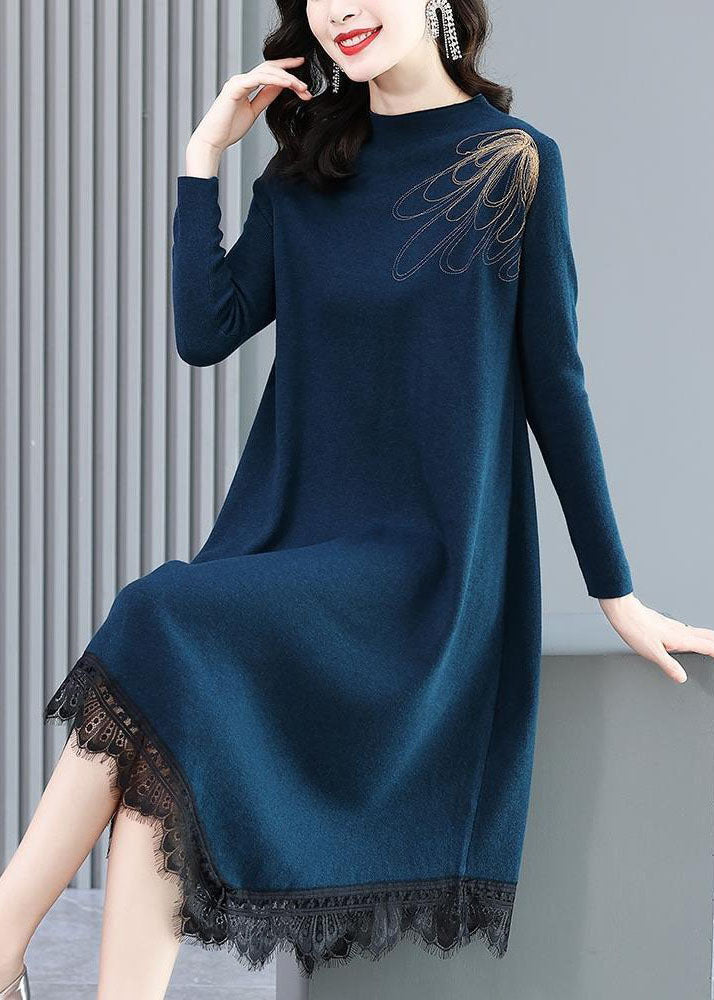 Blue High Neck Lace Patchwork Knit Sweater Dress Long Sleeve