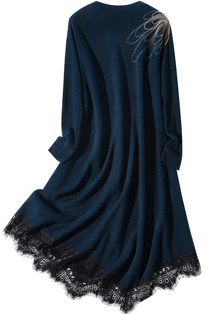 Blue High Neck Lace Patchwork Knit Sweater Dress Long Sleeve