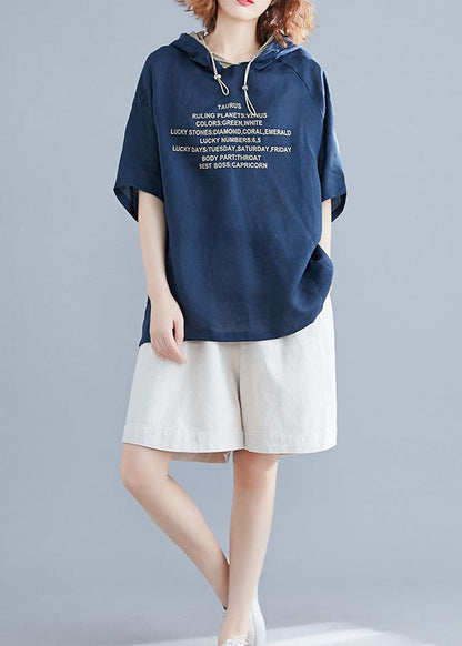 Blue Hooded Alphabet Print Cotton Pullover Summer