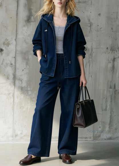 Blue Hooded Coat and Wide Leg Pants Denim Two Pieces Set Spring