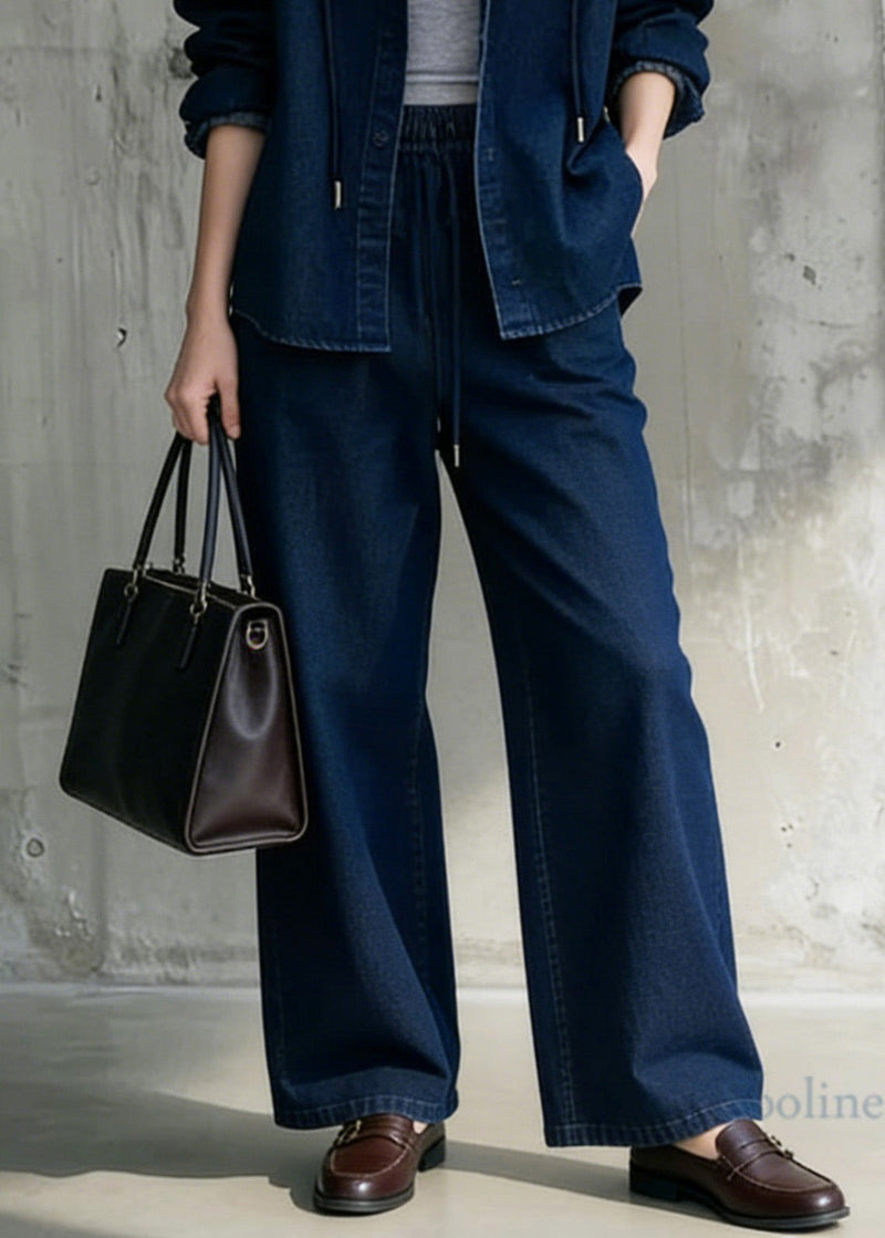 Blue Hooded Coat and Wide Leg Pants Denim Two Pieces Set Spring