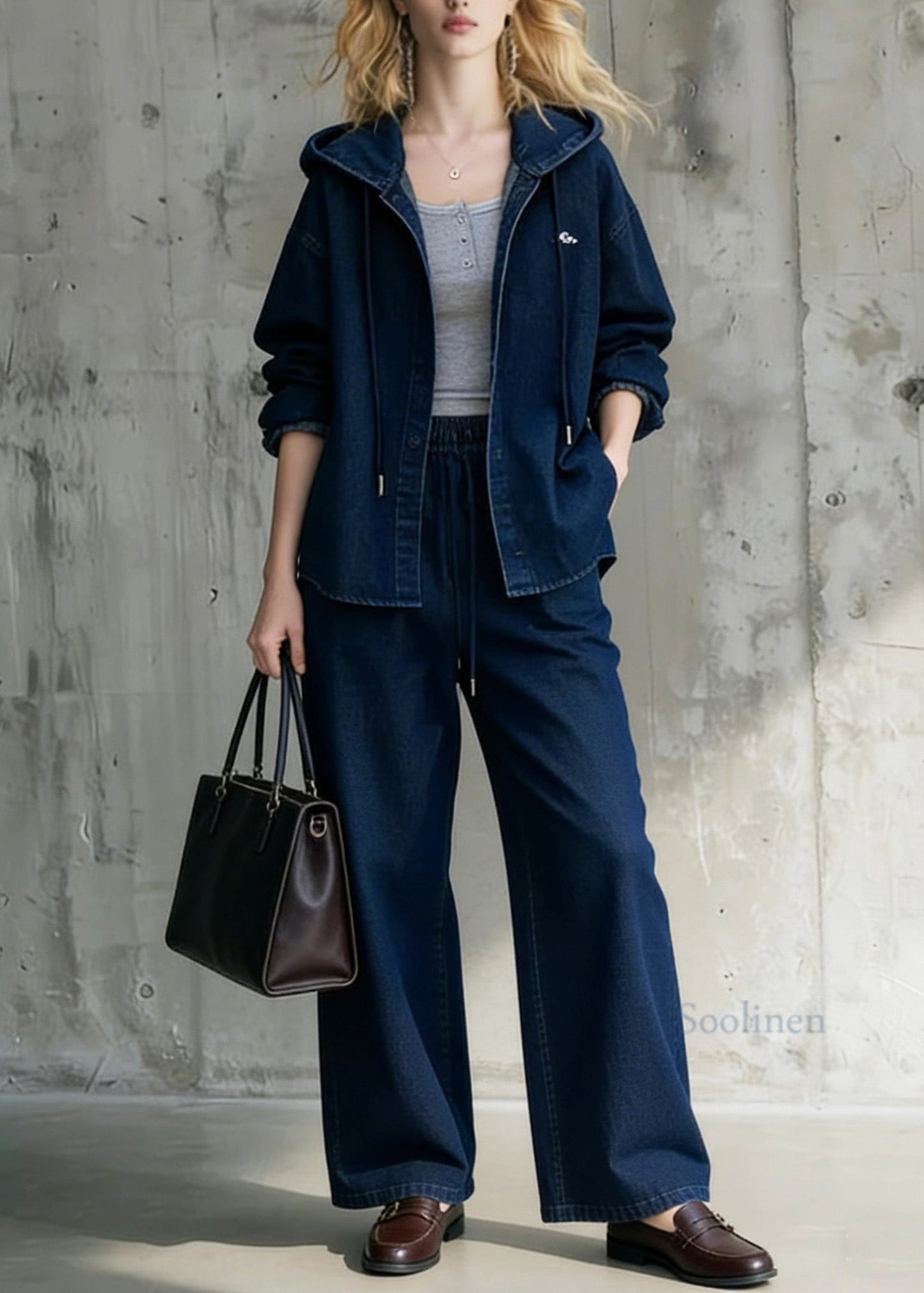 Blue Hooded Coat and Wide Leg Pants Denim Two Pieces Set Spring