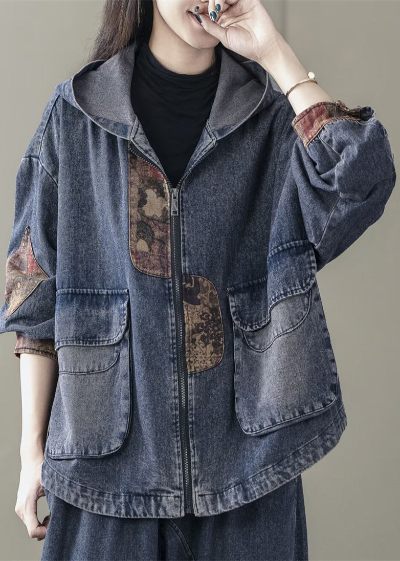 Blue Hooded Patchwork Denim Coats Spring