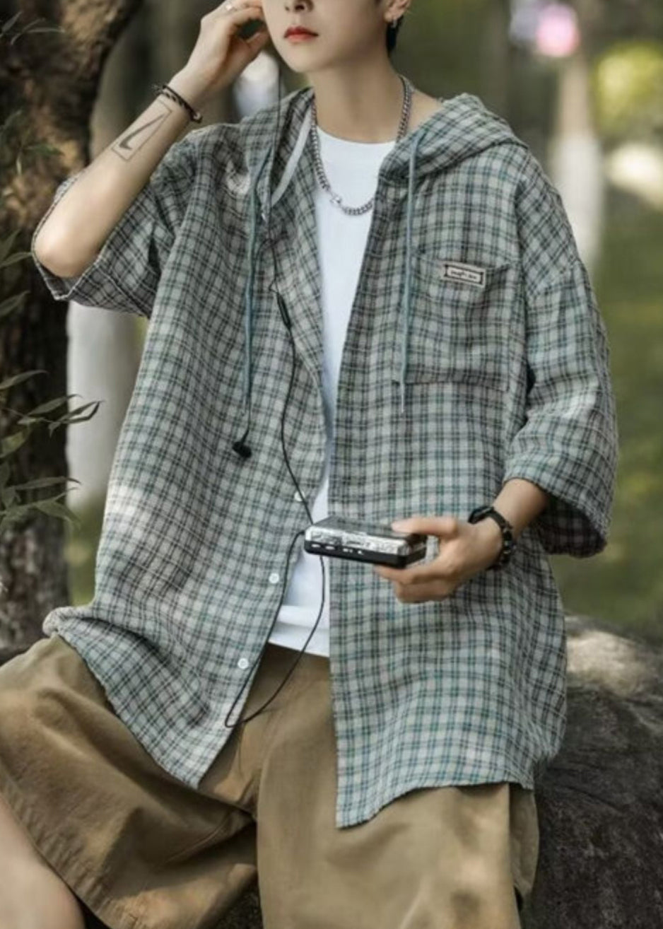 Blue Hooded Plaid Button Cotton Shirt Summer