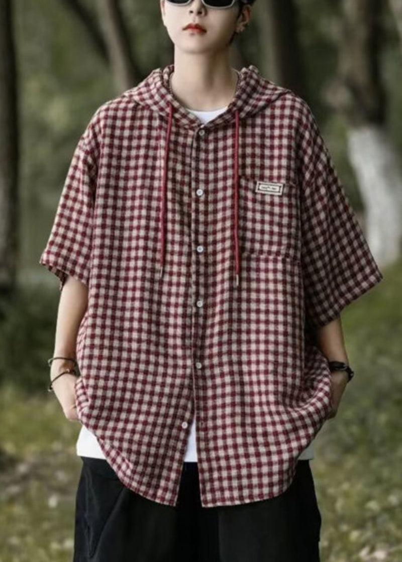 Blue Hooded Plaid Button Cotton Shirt Summer