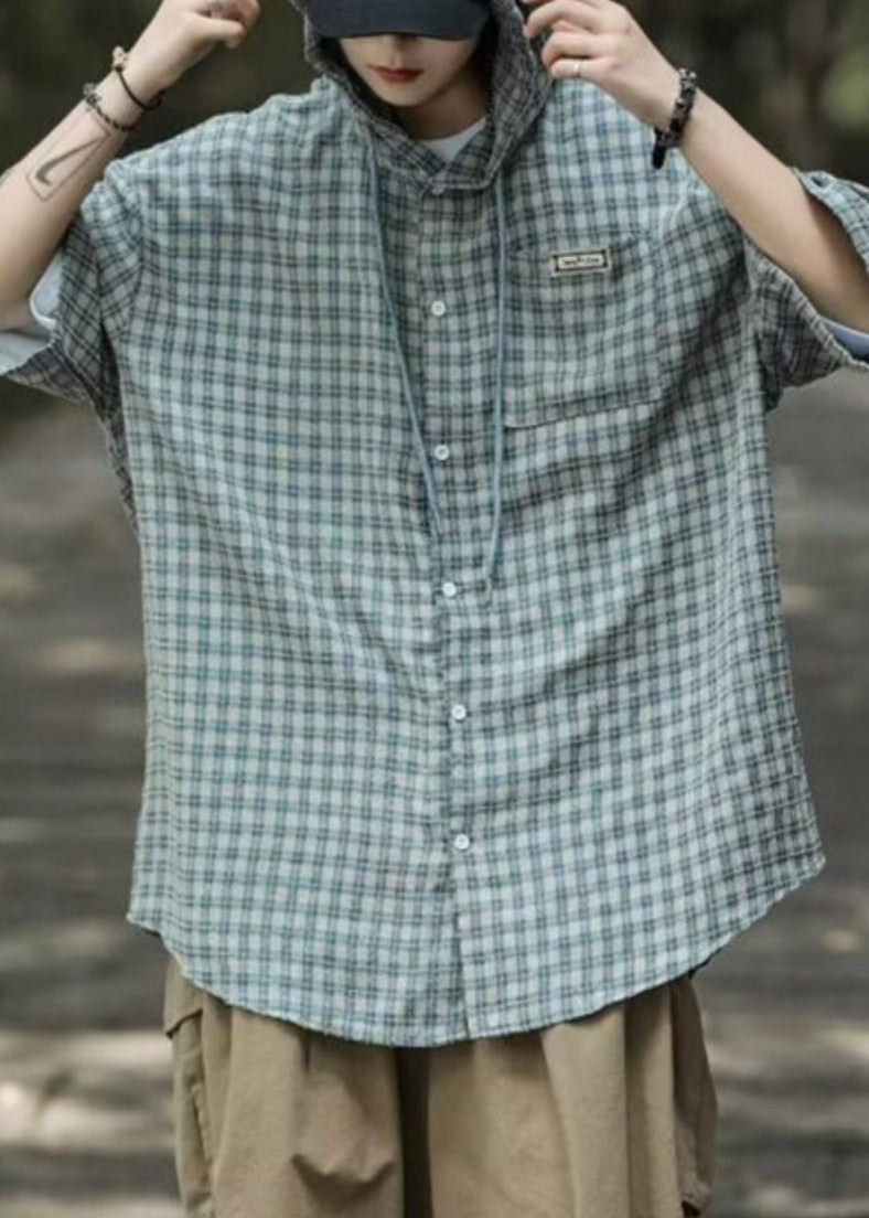 Blue Hooded Plaid Button Cotton Shirt Summer