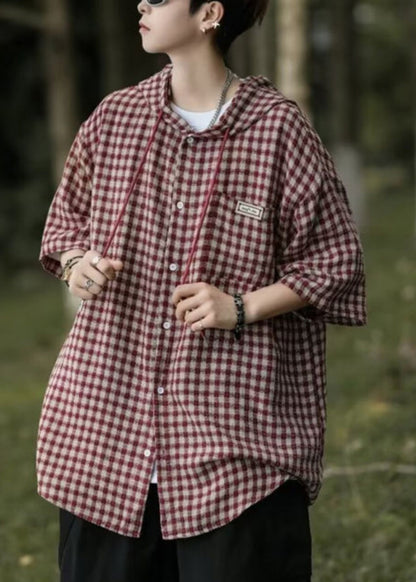 Blue Hooded Plaid Button Cotton Shirt Summer