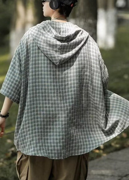 Blue Hooded Plaid Button Cotton Shirt Summer