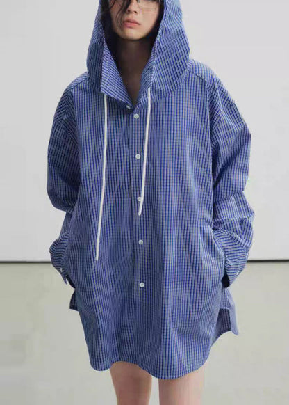 Blue Hooded Plaid Cotton Trench Spring