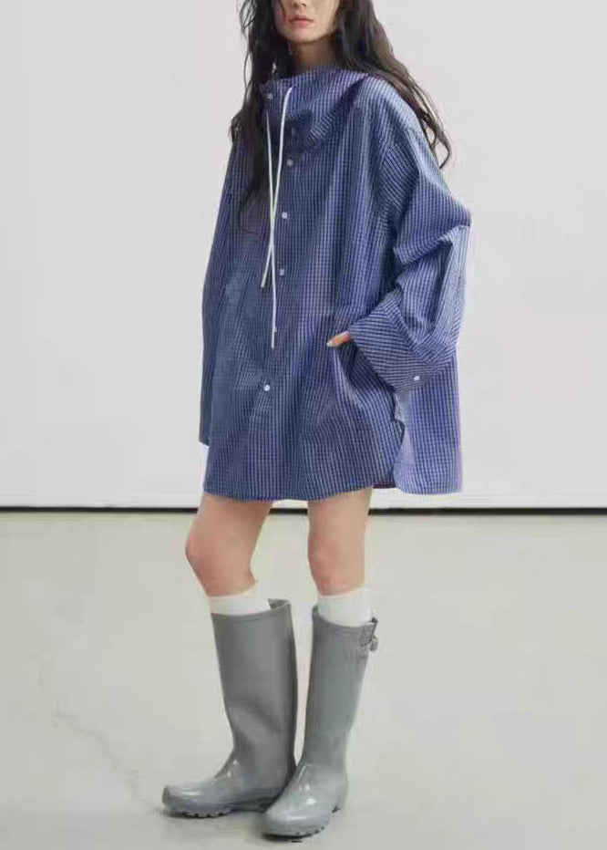 Blue Hooded Plaid Cotton Trench Spring
