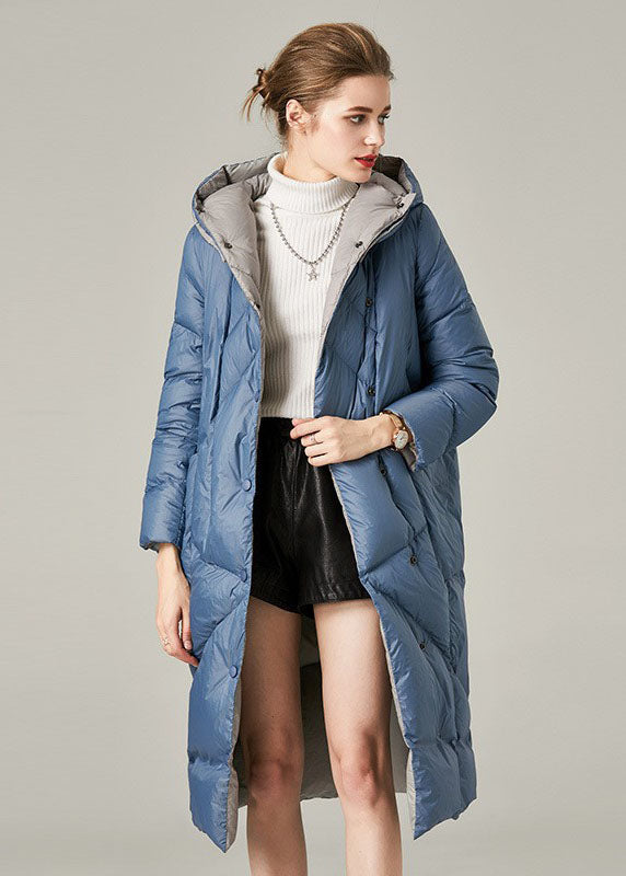 Blue Hooded Pockets Duck Down Down Coat Winter