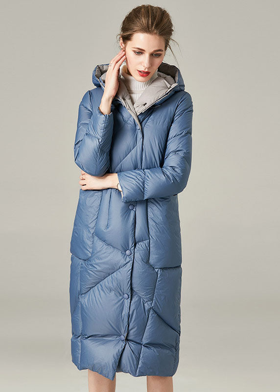 Blue Hooded Pockets Duck Down Down Coat Winter