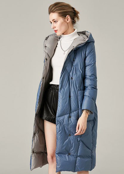 Blue Hooded Pockets Duck Down Down Coat Winter