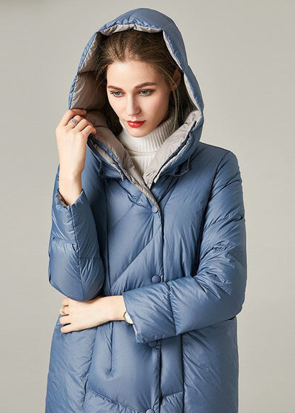 Blue Hooded Pockets Duck Down Down Coat Winter